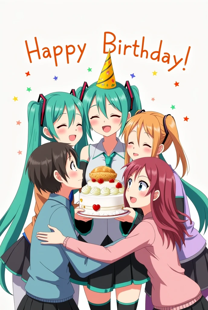 hatsune miku, Kagamine Len, Kagamine Rin, Kaito, meiko, Megurine Luka, all together hugging hatsune miku, Miku holding a birthday cake, everyone happy, party,Masterpiece artwork, anatomically correcte, best qualityer, best qualityer, High details, best qualityer, precise, high resolution, simple background, sheen, アニメ, anime styling, illustration, Fried pastry,