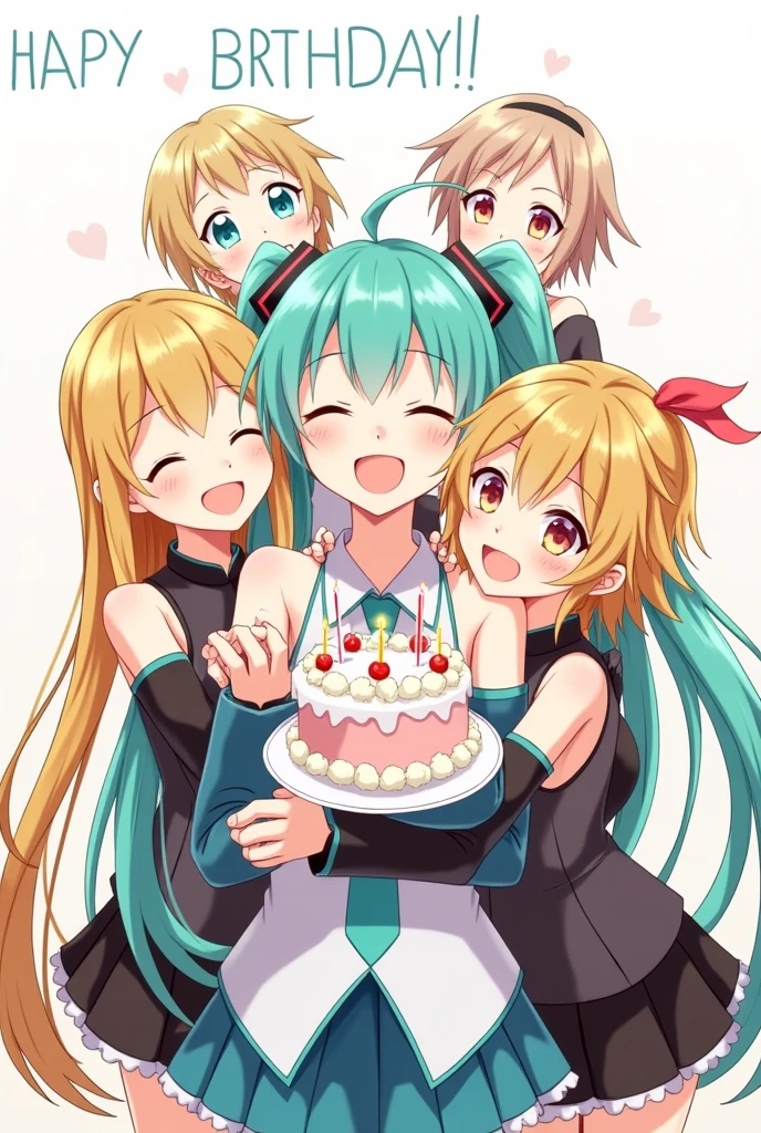 hatsune miku, Kagamine Len, Kagamine Rin, Kaito, meiko, Megurine Luka, all together hugging hatsune miku, Miku holding a birthday cake, everyone happy, party,Masterpiece artwork, anatomically correcte, best qualityer, best qualityer, High details, best qualityer, precise, high resolution, simple background, sheen, アニメ, anime styling, illustration, Fried pastry,