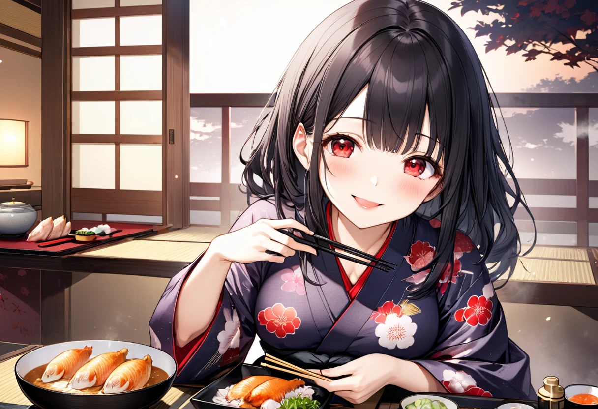 (eating style), (solo:2, 18 yo), (beautiful detailed straight Hair) (beautiful detailed black hair long hair), (immensely beautiful cool girl) (beautiful cool red eyes) (cute happy smile) (glossy lip) (big tits), in a yukata, break, Sit upright, hand holding a Chopsticks, Eating steamed chicken, with puffed cheeks, in the night Japanese-style guest rooms at a ryokan, big Steamed chicken and Japanese cuisine lined up on the japanese table, BREAK, perfect anatomy, masterpiece, best quality, 16k, beautiful detailed night, daydreaming expression.