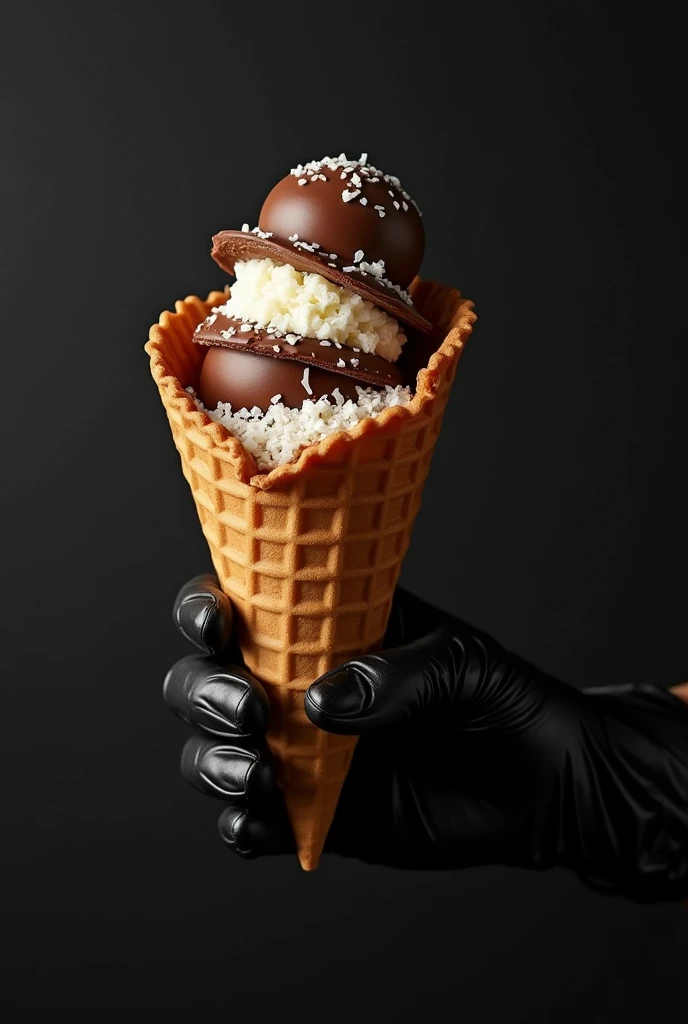 There is a person with a black glove holding a milk chocolate waffle cone candy in the shape of a milk chocolate cone cone with the reference of a truffle cone with shredded coconut filling at a 360 angle., appetizing, mouth-watering with the extremely creamy filling, mesmerizing