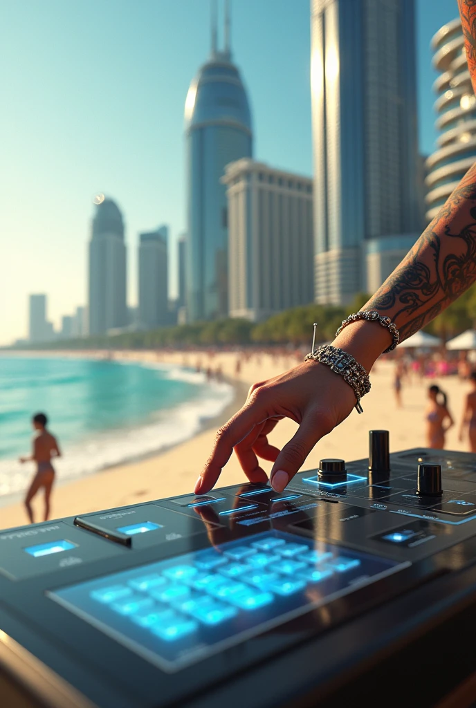 A metropolis on the beach, You can see in close-up the hand of a dancer turning on a music system