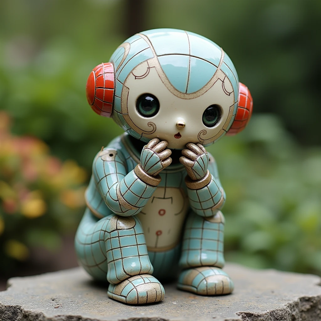 (Cute ceramic surface robot), Sitting on a stone, Holding chin with both hands, Diffuse lighting, fantasy, complex, elegant, Colorful grid suit, Very detailed, Artworks of Yoshitaka Amano，Garden Background，