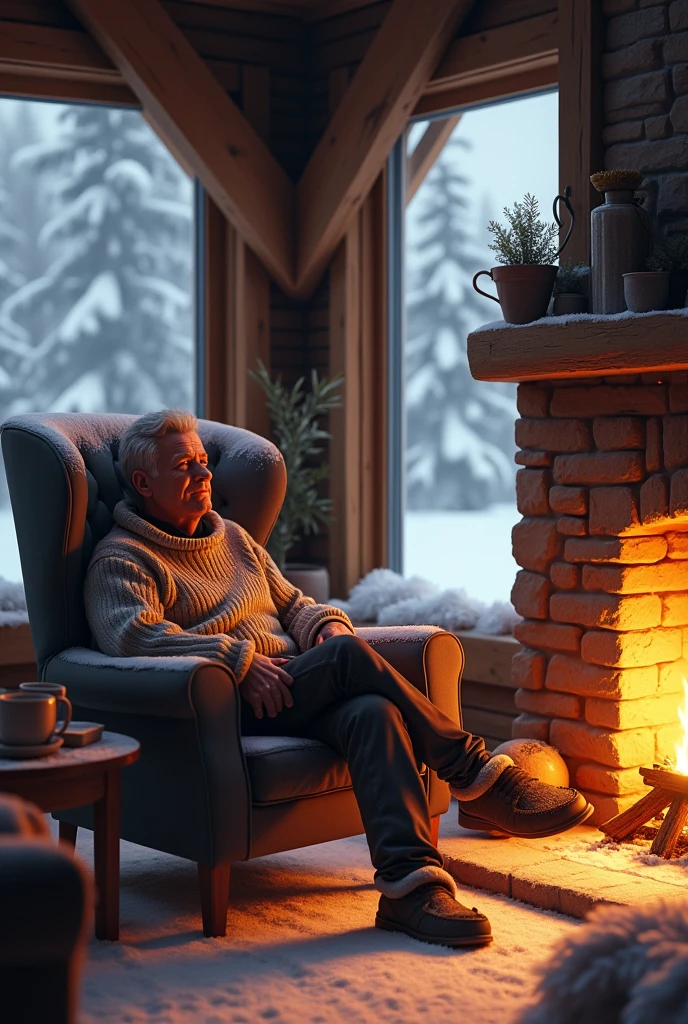 On a snowy day , that a person is a man and is next to a fireplace