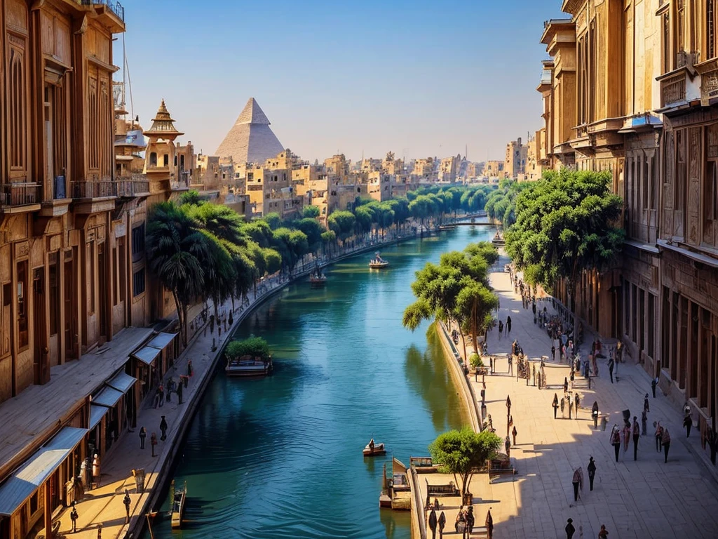 ((tmasterpiece)),((Best quality)),((high detal)),((actual,)) The cities of the future, architectural streets, bazaars, Bridges, , ancient egypt, egyptian buildings, egyptian style，A river with many fords and reeds, the Nile River, watercourse，river from top to bottom，Curved river INFO