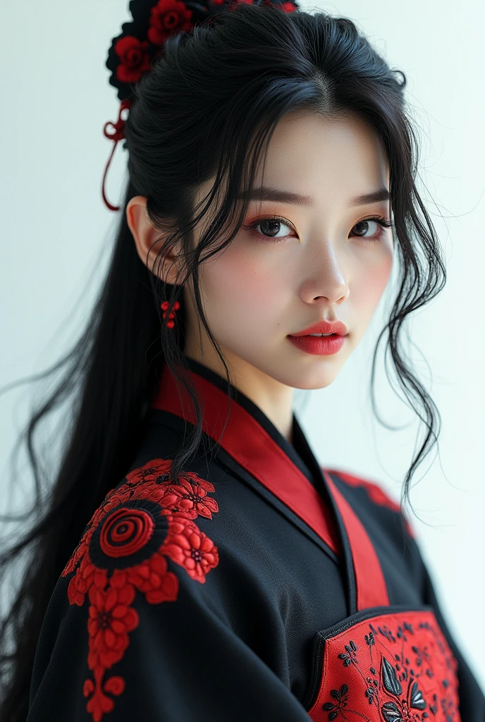 1 girl, Woman, bonitas, tenebrosa, Chinese Costume Armor, ((2.5D)), Bblack hair, floating hair, Delicate Eyes, antique black and red damask Hanfu, fov, (F1.8), (tabletop), (Portrait photo), frontal photo, white background, (cinema poster)