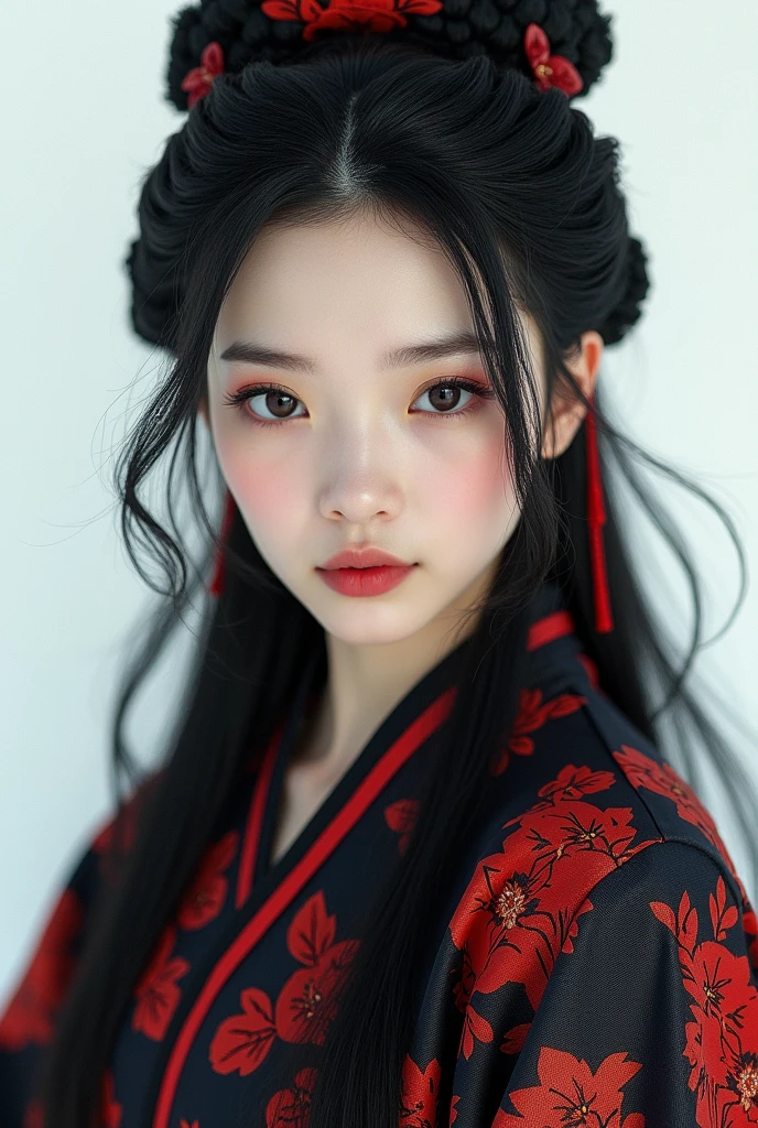 1 girl, Woman, bonitas, tenebrosa, Chinese Costume Armor, ((2.5D)), Bblack hair, floating hair, Delicate Eyes, antique black and red damask Hanfu, fov, (F1.8), (tabletop), (Portrait photo), frontal photo, white background, (cinema poster)
