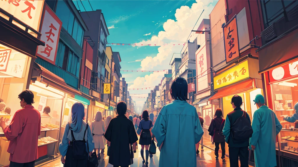 Japanese street, colorful, carteleria, business, crowded, dirty, messy, very detailed, dream atmosphere, clouds, birds, psychedelic, pastel colours, Beautiful, illuminated, Traditional clothes, festival, anime style
