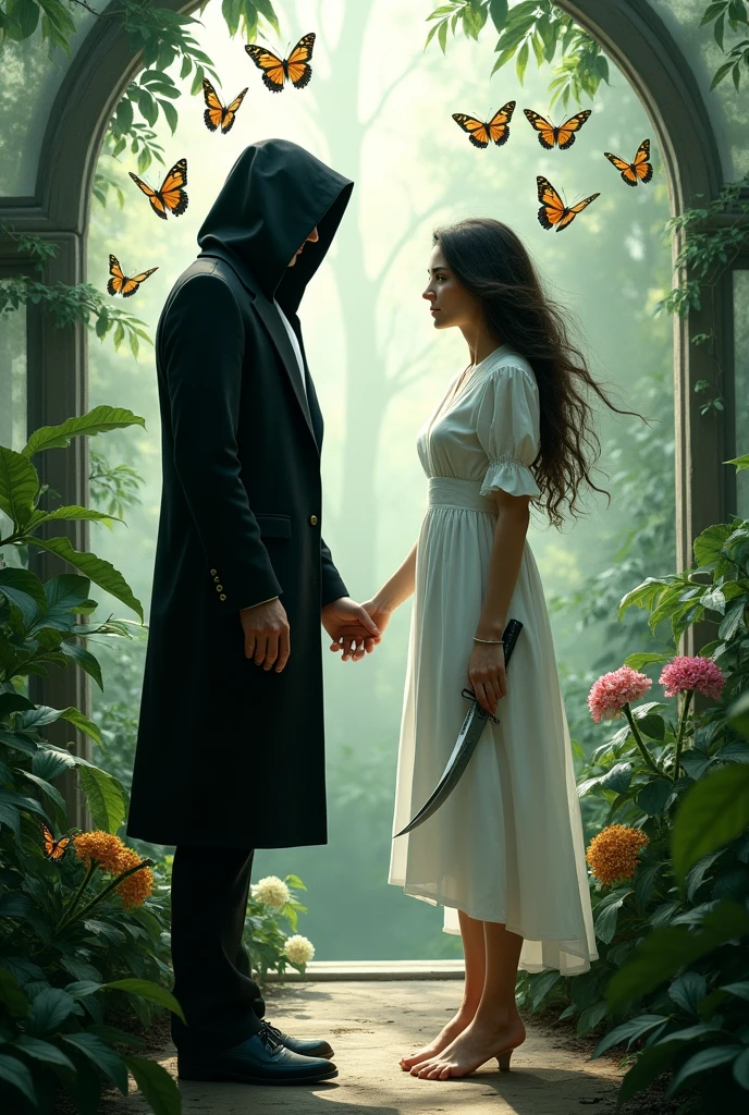 Create an image with two boys inside a butterfly house. The boy has a black suit, He has his face covered and is holding the door. The girl is wearing a white nightgown and butterflies are flying around her both. more realistic. The boy and the girl are adults and they are facing each other but they are separated and the boy is wearing a black suit covered from head to toe. More separated. The girl has a dagger in her hand. El chico es blanco y tiene tapada la cara More separated la chica con el cabello suelto. Let the girl grab the dagger. More separated. MORE BUTTERFLIES. THE GIRL IS WITHOUT SHOES AND THE BOY HAS HIS FACE COVERED WITH A. Hood the boy's suit more fitted to the body. The uniform is more fitted. MORE BUTTERFLIES. LET THEM BOTH LOOK AT EACH OTHER. LET GO OF YOUR HANDS