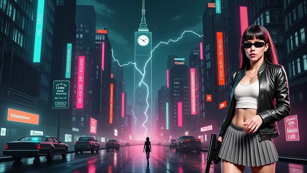 At night, dark sky, aerial view of futuristic sci-fi cyberpunk city, skyscrapers, flying vehicle, (vortex-spirit-spreading giant hologram pyramid-like clock tower as time machine), lightning, high quality. Matrix style, at night, (1girl, solo, alone), photorealistic, medium-breast slim:0.6 body, oval:0.5 face, cleavage:1.1, sexy black laced bra, low angle view of miniskirt, white laced panty, coat, (black micro sunglasses), (holding a short gun), (slightly leaning forward running pose), ((half-body thigh level medium shot)), cinematic lighting, ray tracing, zoom blur background.