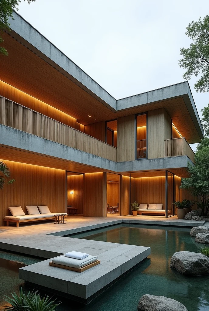 a modern 2 story SPA using a bamboo and concrete as a main building materials with interior