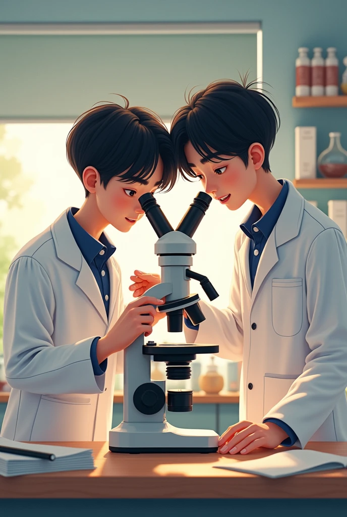 Give me a picture of a boy helping a boy using their microscope and wearing their lab coat cute picture highschool students make it look like teens make the hair of a boy like korean hair 2 by 2 they look like kids make it kinda older 20 yrs old not anime , make it look sweeter