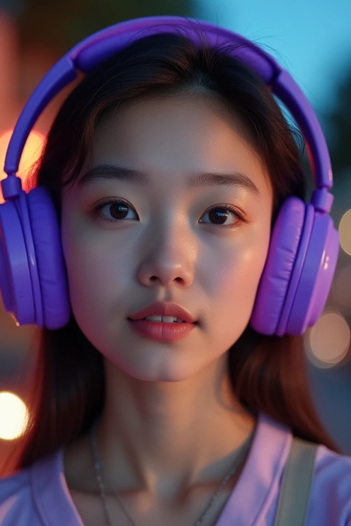 Close-up of a pair of purple-colored headphones on a girl's head, front view from a slight angle to the right and above, ƒ/5.0, headphones,