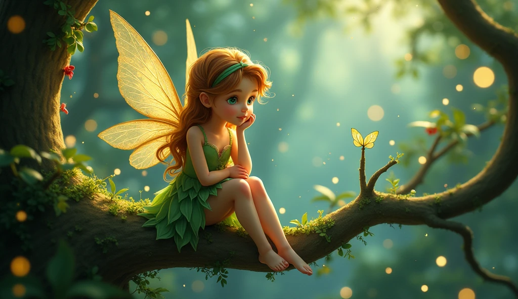 whimsical beautiful fairy, thinking expression, sitting on tree branch, surrounded by small fireflies, high quality, magical charm, enchanting forest, vivid colors, soft lighting, delicate wings, fantasy atmosphere, lush greenery, detailed foliage, glowing particles, surreal environment, dreamlike, light brushstrokes, depth of field, intricate details, 8k, sharp focus, perfect eyes, life like face, cinematic dynamic soft natural lighting, John Bauer