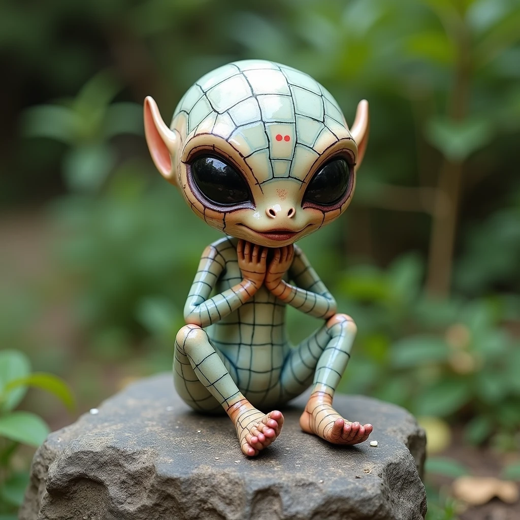 (Cute ceramic surface Alien), Sitting on a stone, Holding chin with both hands, Diffuse lighting, fantasy, complex, elegant, Colorful grid suit, Very detailed, Artworks of Yoshitaka Amano,Garden Background,