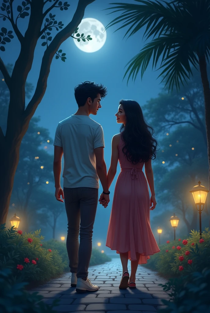 Ajay and Riya walking together in a park at night, illuminated by the soft glow of the moon. They are holding hands, looking at each other with affection, as the city lights twinkle in the background