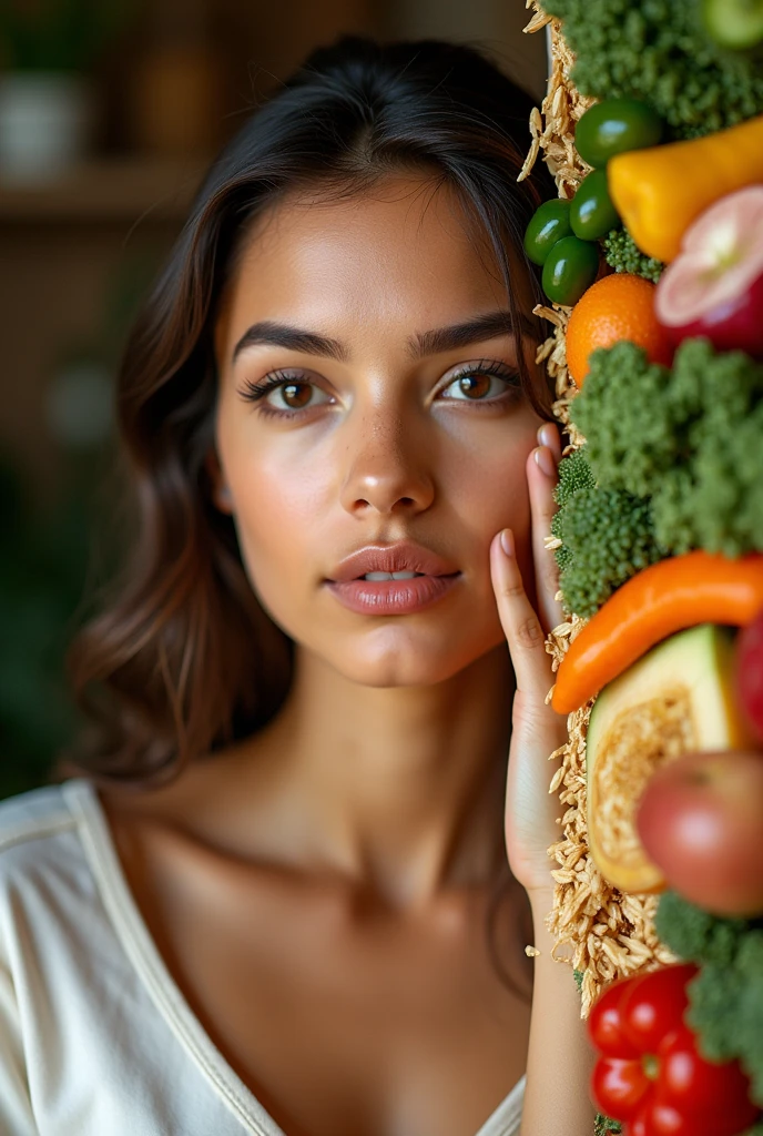 I want a photo in which the girl is listening in half  And half should have healthy food  Because I have made a video called top ten facts about health and food Sexy looking girl 