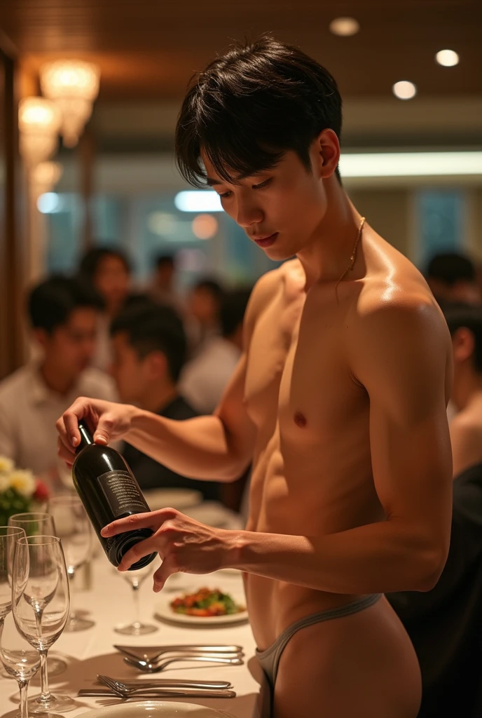 Real photo style、Realistic、Cute handsome man、Idol face、、Japanese、Slim body、Mash Hair、Completely naked、Full nudity、Crowded fine dining restaurant、Pouring wine from a bottle