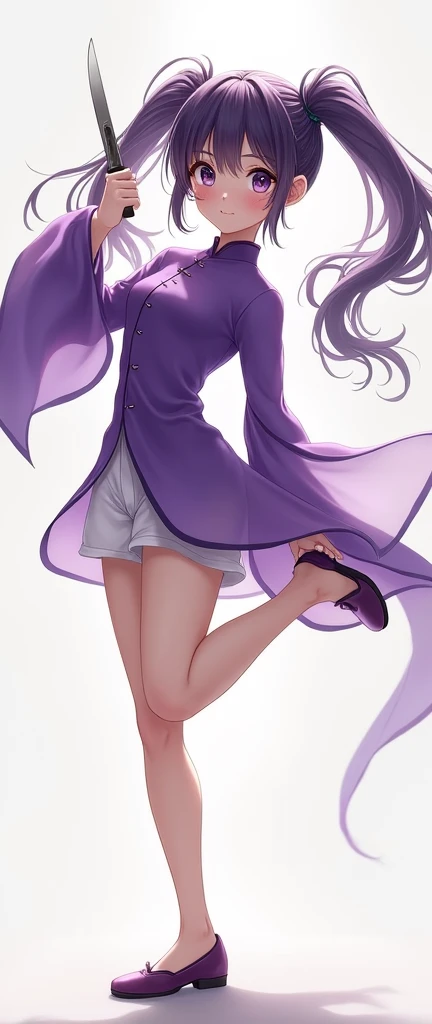 1 girl、alone、Gazing at the audience、smile、Twin tails、Simple Background、Long sleeve、Holding a knife、Mouth closed、Are standing、Purple Hair、whole body、Chinese clothing、Lift your legs、Standing on one leg、Purple Chinese Dress、White shorts、purple shoes、No socks、Flat shoes，Acrobatics