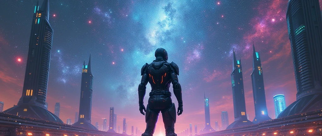 (Futuristic sci-fi scene, cyborg(doom suit) facing back and upward towards the vast sky, gazing into the mesmerizing (cosmos), (beautiful galaxy), with (vibrant neon colors) illuminating the surroundings. In the backdrop, towering structures of modern (architecture) and advanced (buildings) characterize a futuristic Earth, all amidst the stunning backdrop of stars and cosmic wonder. (High quality), (ultra-detailed), visually captivating.