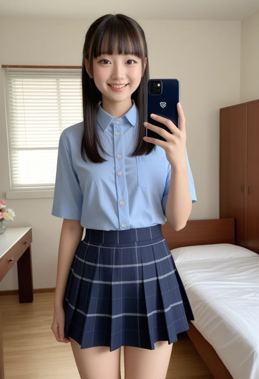 (Masterpiece, BestQuality:1.2), (hyperrealistic:1.1), (8k,Photorealistic), (superrealistic:1.4),girl taking a selfie,japanese,17yo,ponytail hair,school-uniform,((skirt-lift and shows her panties)),(visible panties),(she takes pleasure in showing her panties),(she is holding a smartphone in one hand and taking a selfie), She is smiling brightly and posing happily,The background is the girl's room.BREAK (beautiful detailed teeth, eyes with large brown irises, blunt bangs,small mouth, fresh lips,nose blush),shiny skin,