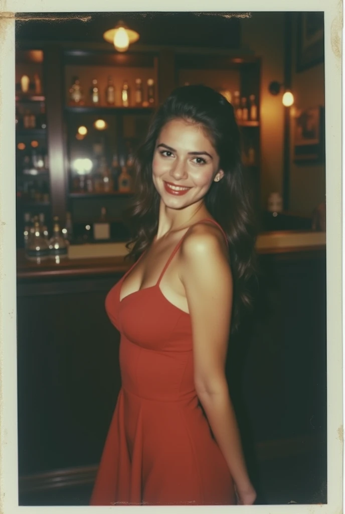 polaroid photo, night photo, smiling shyly, in  bar, photo of (: 1,5) cute face slim Turkish woman, pale skin, suggestive red dress, motion blur
