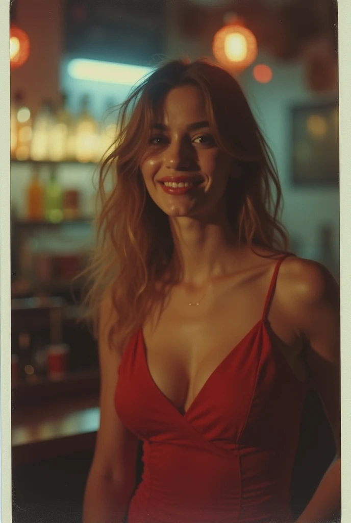 polaroid photo, night photo, smiling shyly, in bar, photo of (: 1,5) cute babyface slim Turkish woman, pale skin, suggestive red dress, motion blur