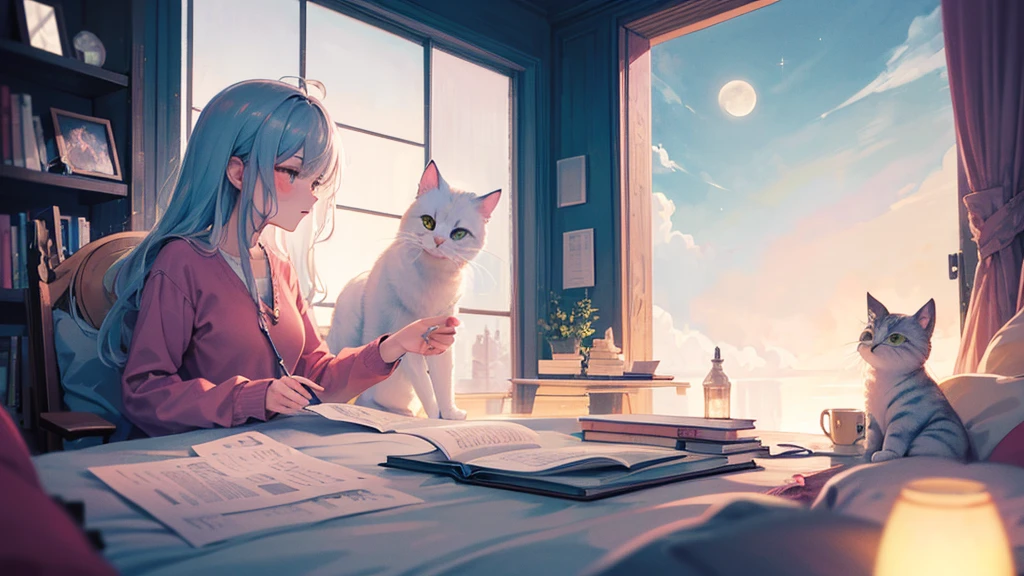 (Highest quality:1.2), Beautiful lo-fi minimalist vibe, Cute white cat, Book, window, moon, Light bokeh, Soft colors, Sparkling, Dynamic Side Angle, Natural soft lighting, 8k resolution, shape, pastel four colors