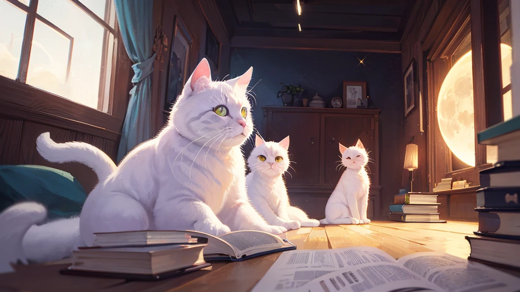 (Highest quality:1.2), Beautiful lo-fi minimalist vibe, Cute white cat, Book, window, moon, Light bokeh, Soft colors, Sparkling, Dynamic Side Angle, Natural soft lighting, 8k resolution, shape, pastel four colors