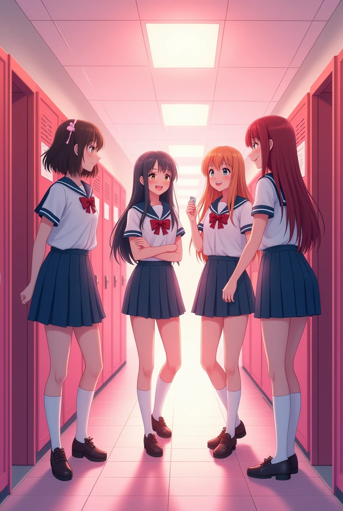 4 Teenage female in pink school hallway 