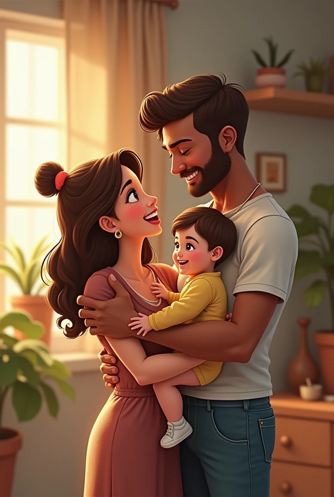 Lively couple young 1 girl of small stature with white skin and brown hair together with a one year old cinnamon skinned girl and her 40 year old cinnamon skinned boyfriend of small stature