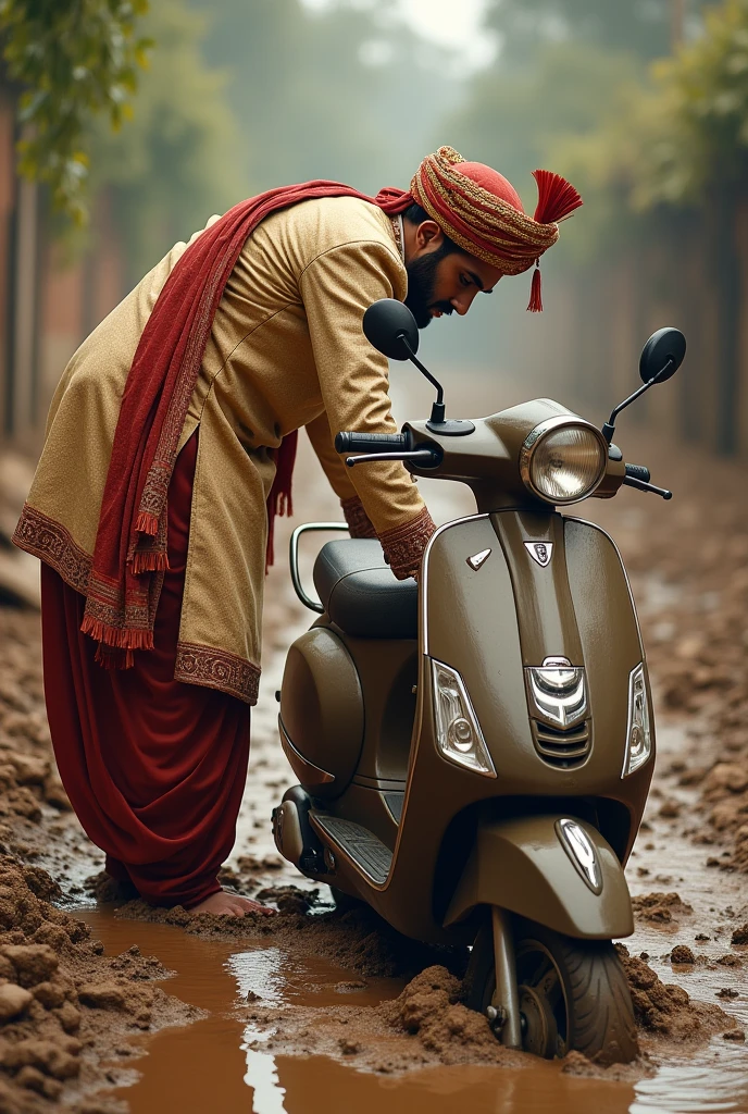 Ek uncle hai jinka scooter kichad mein fas Gaya hai unki help ladka Karta hai jisne shaadi ki sherwani pahani hai aur shehra lagaya hua hai back image