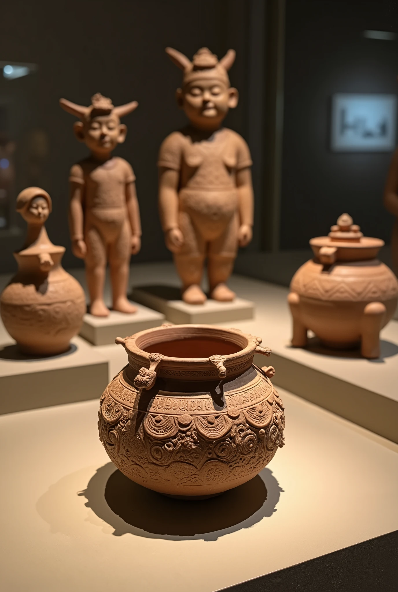 Jomon-style pottery displayed in a museum, intricate detailed clay figurines
