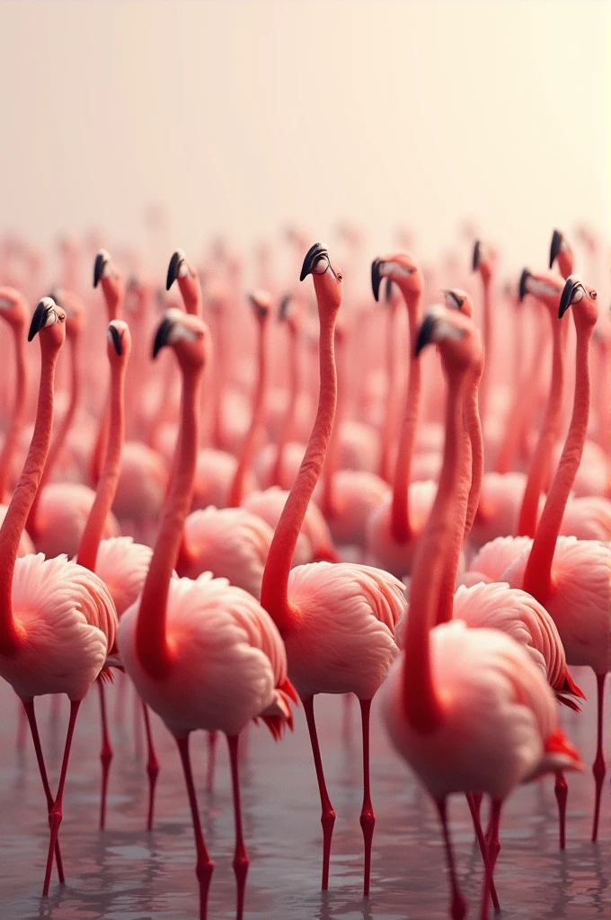 Horizontal format image, Hundreds of flamingos with their necks up 