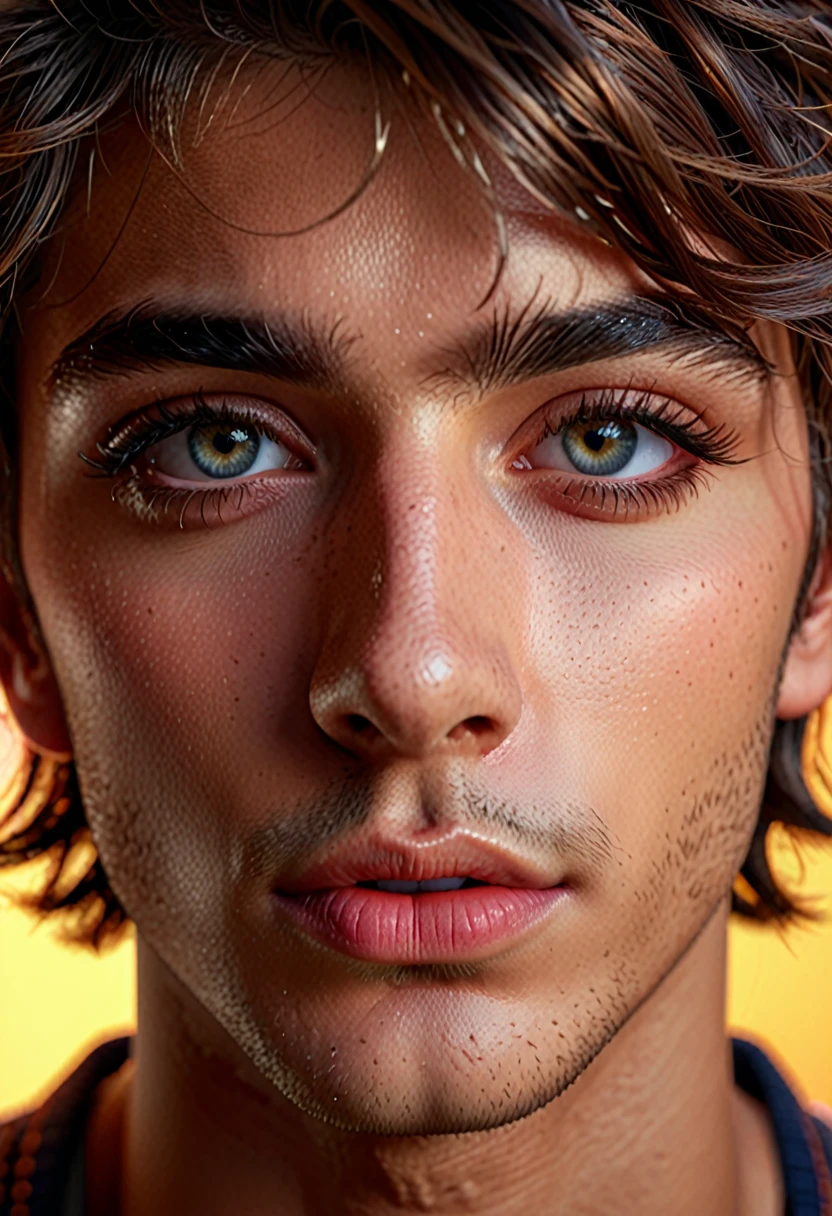 A 1 handsome boy, beautiful detailed eyes, beautiful detailed lips, extremely detailed face, long eyelashes, portrait, realistic, photorealistic, 8k, high quality, detailed skin texture, beautiful hair, warm lighting, cinematic, dramatic lighting, vibrant colors