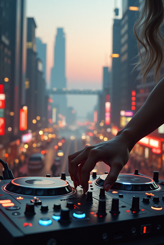 A metropolis on the beach (more city than beach), You can see in close-up the hand of a dancer turning on a music system
