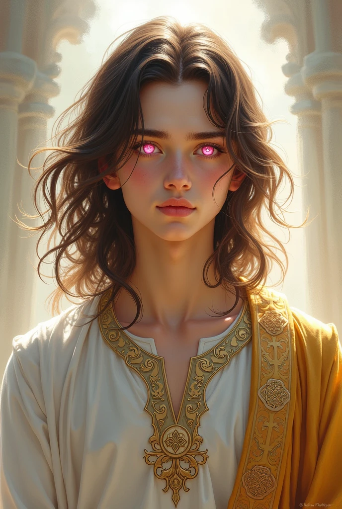 Young man in tunic, priest, long hair and pink eyes