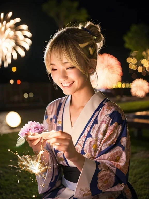 Realistic Face、Realistic、photograph、8k、Night garden、A young slim Japanese woman wearing a yukata、Blonde、Hair style with hair tied up、Shaile、With a sparkler in hand、There are no fireworks in the night sky、Blonde hair style、Turn the fireworks down、Woman smiling and looking at her hands