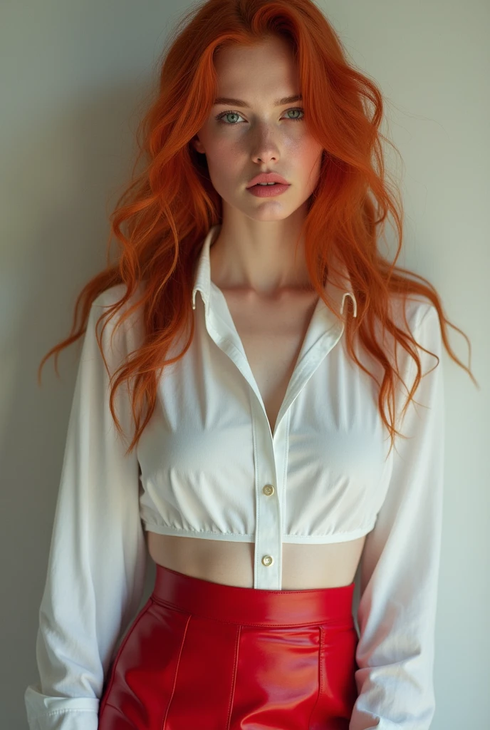 A red-haired girl in a white blouse and a red leather miniskirt, beautiful young model, model, inspired by Ignacy Witkiewicz, inspired by Irakli Nadar, alexey egorov, film suit photo, cute young girl, LUTS, young girl, frown model, russian white clothes, Style of Julia Razumova