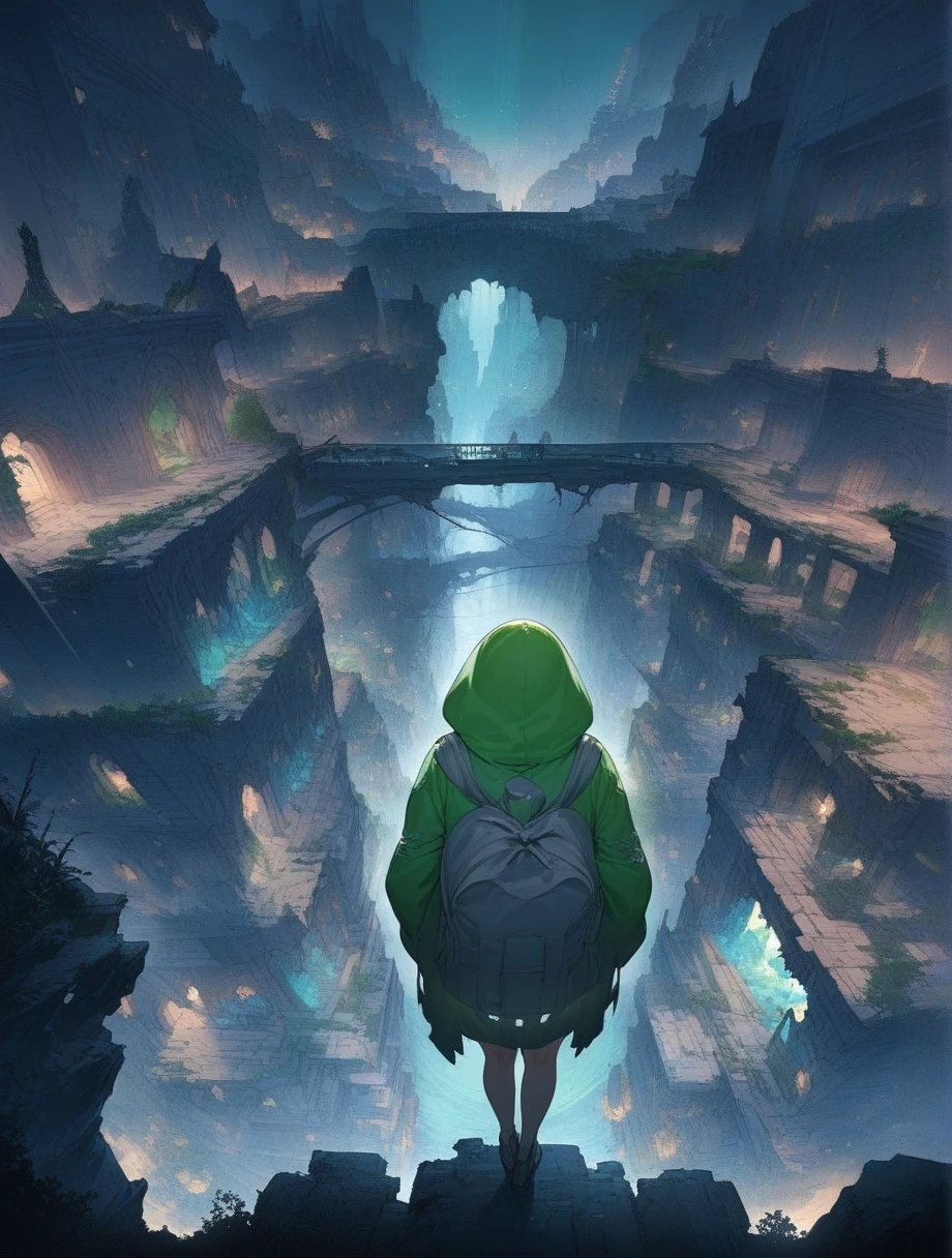 score_9, score_8_up, score_7_up, score_アニメ, masterpiece, best quality, delicate illustration, sharp line, sharp focus, BREAK,Traveler girl wandering in the ruins of endless night, the girl is wearing a hood, a lot of baggage in her backpack., night、City of the Future、Fantastic landscape、Beautiful Landscape、Harmony with Nature、Spectacular views、Machine City
