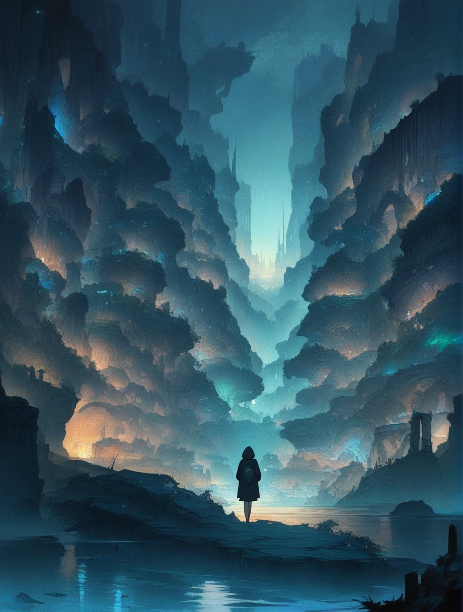score_9, score_8_up, score_7_up, score_アニメ, masterpiece, best quality, delicate illustration, sharp line, sharp focus, BREAK,Traveler girl wandering in the ruins of endless night, the girl is wearing a hood, a lot of baggage in her backpack., night、City of the Future、Fantastic landscape、Beautiful Landscape、Harmony with Nature、Spectacular views、Machine City