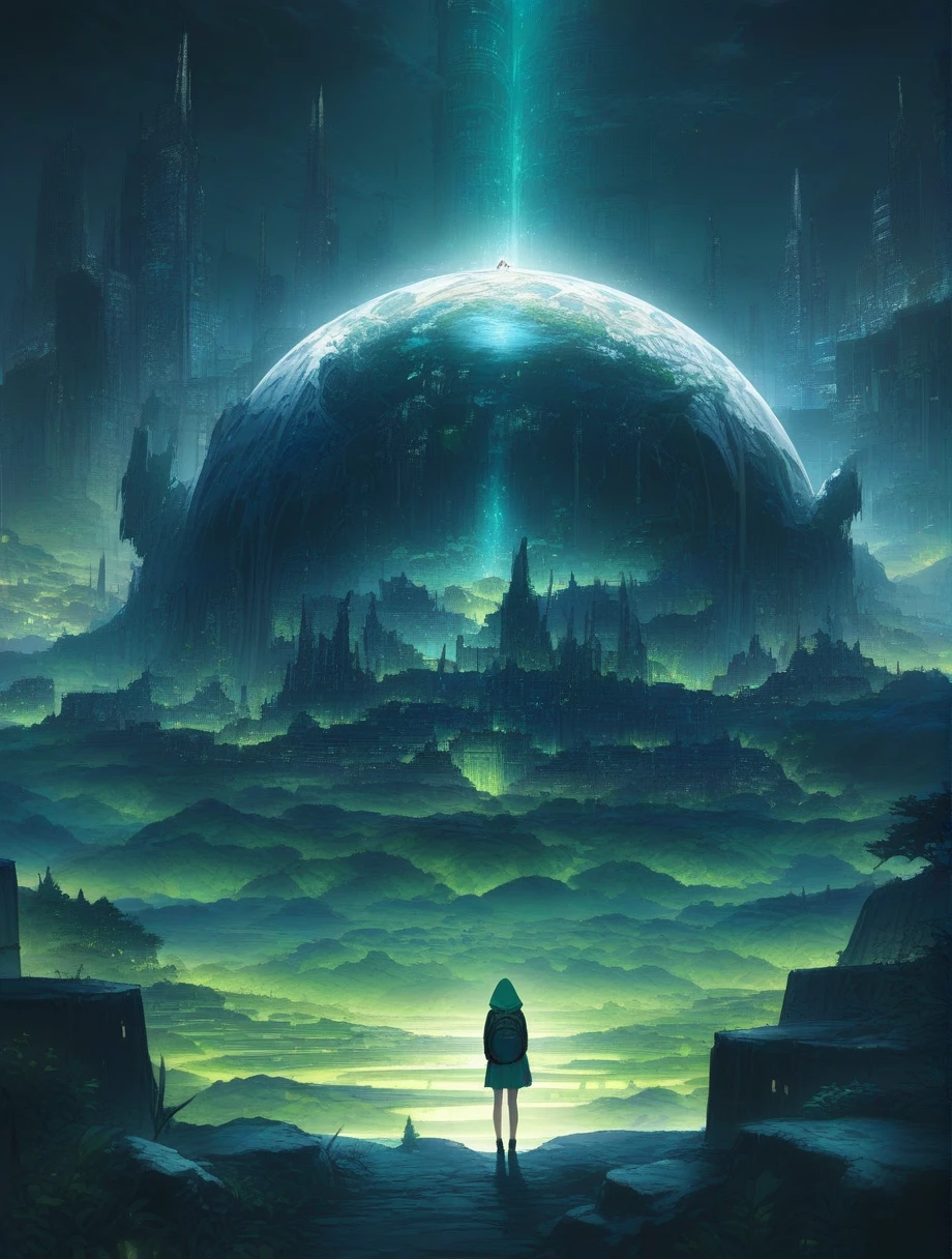 score_9, score_8_up, score_7_up, score_アニメ, masterpiece, best quality, delicate illustration, sharp line, sharp focus, BREAK,Traveler girl wandering in the ruins of endless night, the girl is wearing a hood, a lot of baggage in her backpack., night、City of the Future、Fantastic landscape、Beautiful Landscape、Harmony with Nature、Spectacular views、Machine City