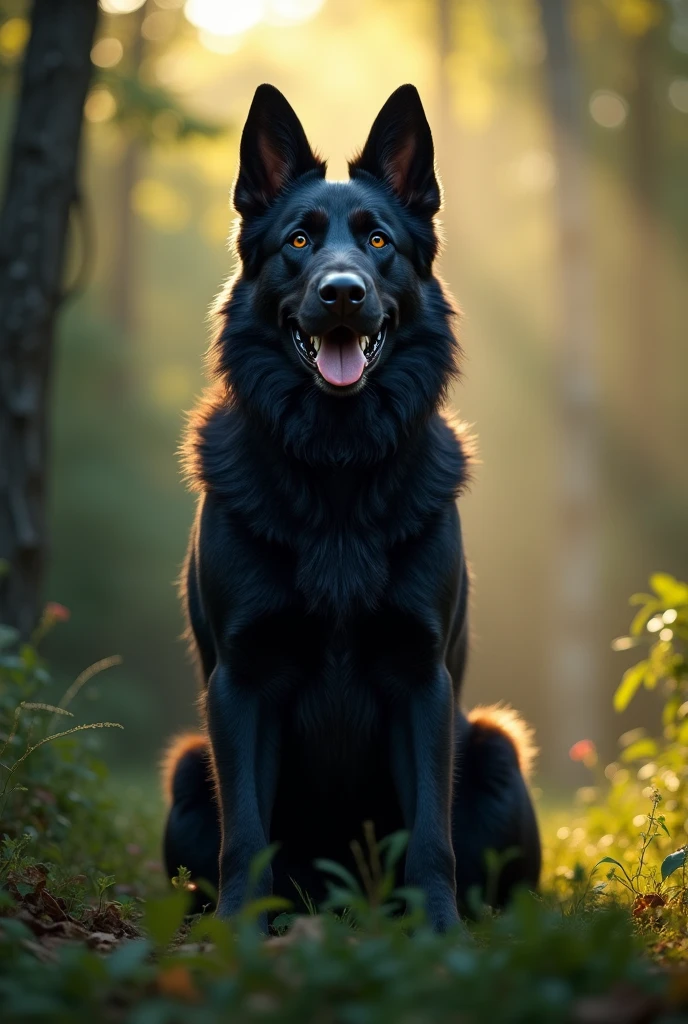 a beautiful black german shepherd dog, extremely detailed fur, incredibly realistic, hyperrealistic, 8k, ultra-detailed, cinematic lighting, dramatic shadows, majestic pose, muscular body, piercing eyes, wet nose, sharp teeth, outdoor forest scene, lush greenery, rays of sunlight, photorealistic, professional photography, vibrant colors, natural depth of field