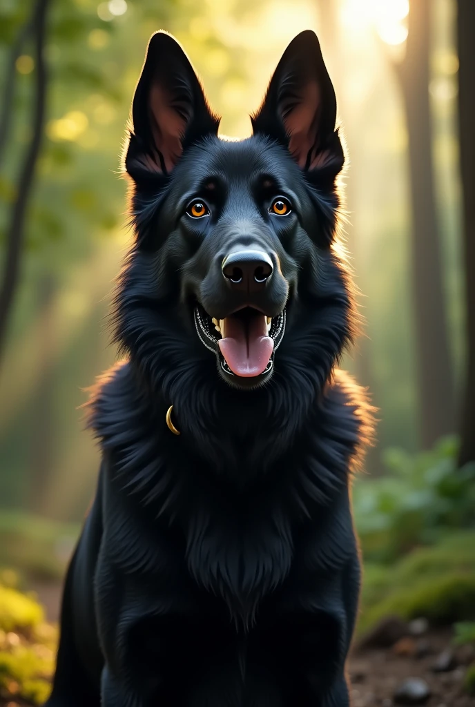 a beautiful black german shepherd dog, extremely detailed fur, incredibly realistic, hyperrealistic, 8k, ultra-detailed, cinematic lighting, dramatic shadows, majestic pose, muscular body, piercing eyes, wet nose, sharp teeth, outdoor forest scene, lush greenery, rays of sunlight, photorealistic, professional photography, vibrant colors, natural depth of field