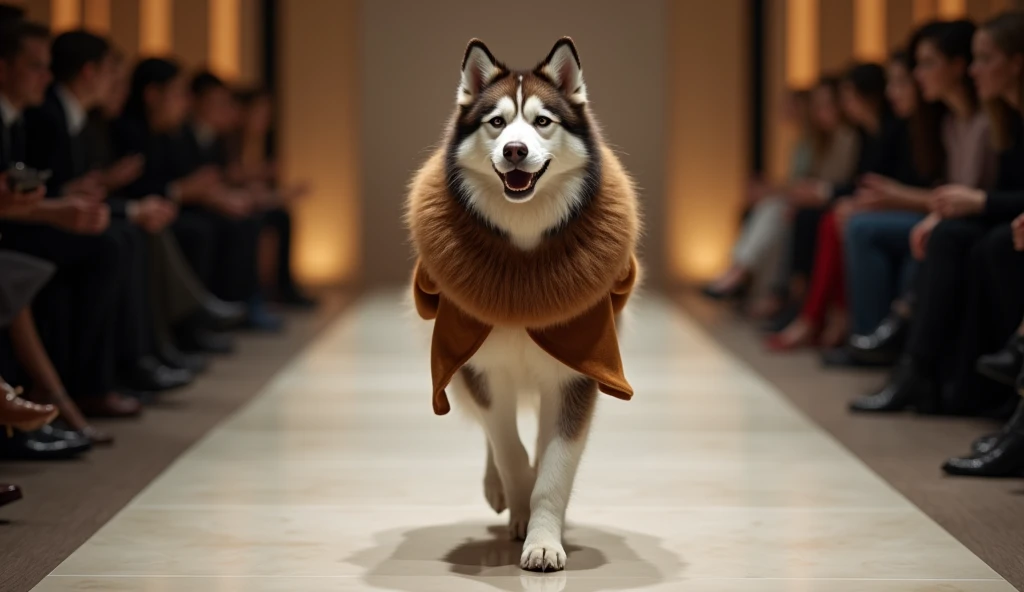 (Husky in a brown coat and a brown coat on the catwalk), (lesbian full body:1.37) , (vestindo uma brown jacket),(Husky dogs:1.3),doggystile,doggystile ,brown jacket,brown jacket,brown jacket,fur attire, fluffly,Wearing a pink dressing gown,(Huskies wear the same brown coat),gucci catwalk, catwalks, walking down the catwalk, highly fashionable,!!! Husky puppy! 2 0 2 0 fashion, gucci clothes, Foto da passarela, furry style