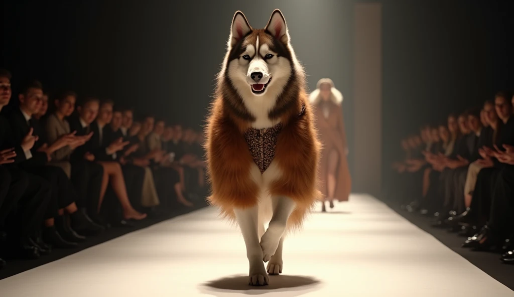 (Husky in a brown coat and a brown coat on the catwalk), (lesbian full body:1.37) , (vestindo uma brown jacket),(Husky dogs:1.3),doggystile,doggystile ,brown jacket,brown jacket,brown jacket,fur attire, fluffly,Wearing a pink dressing gown,(Huskies wear the same brown coat),gucci catwalk, catwalks, walking down the catwalk, highly fashionable,!!! Husky puppy! 2 0 2 0 fashion, gucci clothes, Foto da passarela, furry style