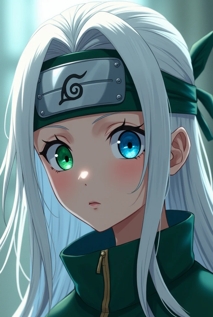 from anime white as snow with long white hair, green left eye and blue right eye and wears a Naruto Leaf Village headband