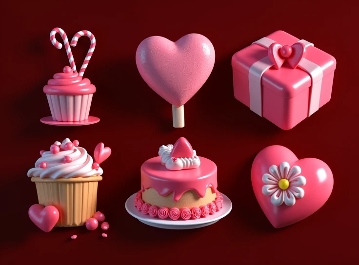 a close up of a bunch of different items on a table, High quality 8k detailed artwork, super detail of each object, 3d stylized, Romantic theme, candies, love theme, 3D icon for mobile game, (pink colors), beautiful 3d rendering, Material package, cake, 3d stylized graphics, smooth 3D rendering