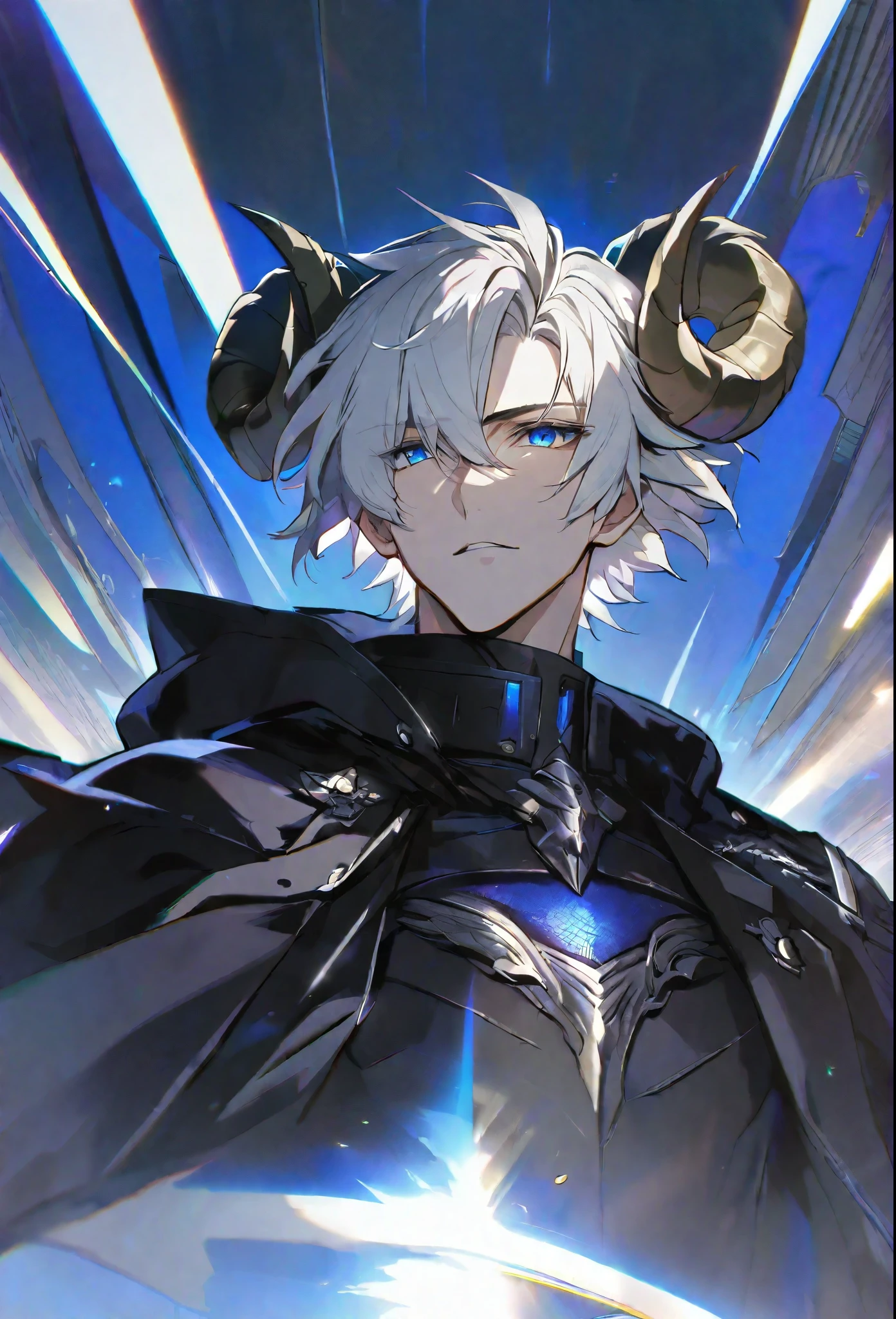 Solitary, Handsome, 1 male, short hair, White hair, Blue eyes, rays of black light, Black coat, White background,Sheep horns