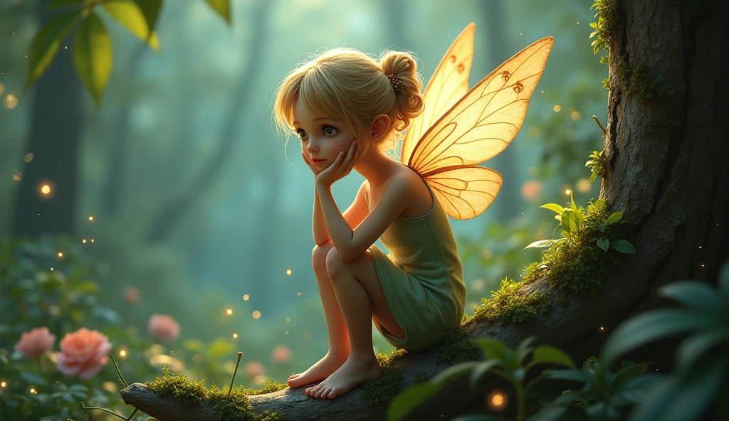whimsical beautiful fairy, thinking expression, sitting on tree branch, surrounded by small fireflies, high quality, magical charm, enchanting forest, vivid colors, soft lighting, delicate wings, fantasy atmosphere, lush greenery, detailed foliage, glowing particles, surreal environment, dreamlike, light brushstrokes, depth of field, intricate details, 8k, sharp focus, perfect eyes, life like face, cinematic dynamic soft natural lighting, John Bauer