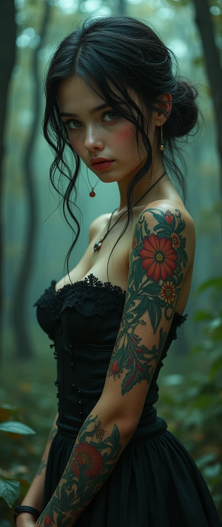 1 character, 1 girl, dark night, Kind person, rosa, (masterpiece, top quality, Best Quality, official art, beautiful and aesthetic:1.2), , extremely detailed,(fractal art:1.3),showy ,more detailed,(A sexy woman dressed, a beautiful girl ,sex slave, erotic worker, prostitute, out),(pose sexual, erotic design , erotic face, Erotic pose),(little , Golden hair , large eyes, sexy eyes body covered with tattoo, Red lips, sexy lips, Cara sexy, tattoo on hand, tattoo on leg, chest tattoo ,white hair pore, (wearing sex slave accessory ,golden accessory, Slave bracelet, bracelet, , naked, Magic Forest,(((masterpiece))), (((Best Quality))), ((ultra detailed)),(highly detailed CG illustration) ((an extremely delicate and beautiful)),cinematic light, Create a stunning piece of art that mimics the style of the genre's current masters.. The art piece should contain elements of both erotic and sexual with showy accents. The character of the artwork is a delicate yet strong figure with an aura of mystery and magic.. El personaje debe ser little con pechos sutiles. Pay close attention to intricate facial features., like fascinating eyes with vibrant colors and delicate nuances. Incorporates vibrant colors, dynamic lighting, and detailed background elements to create a sense of wonder and immersion. Consider the latest trends in fantasy art., How to incorporate unique lighting effects, Explore dynamic and compelling composition techniques., and experiment with unique color palettes. Get inspired by top artists at Art Station and Mid Journey. camera: Choose an angle that highlights the beauty of the character and enhances the magical majesty of the artwork.. Turning on: Use atmospheric lighting techniques to create depth and ambiance.. resolution: Apunte a una obra de arte de alta resolution para mostrar detalles intrincados y